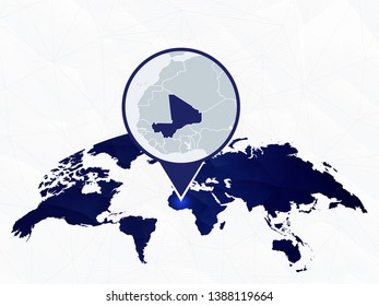 Mali detailed map highlighted on blue rounded World Map. Map of Mali in circle.