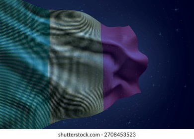 Bandera de estilo led salpicada de Mali ondeando contra el cielo nocturno con efecto futurista
