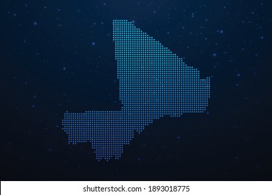 Mapa con puntos de Mali de estilo futurista, contorno brillante hecho de puntos de estrellas. Comunicación, concepto de tecnologías de internet sobre fondo del espacio azul oscuro. Ilustración vectorial.