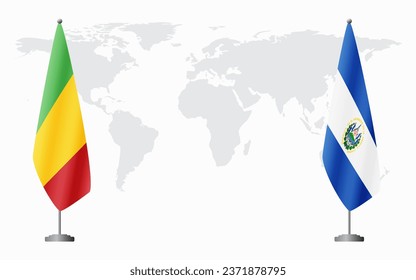 Mali and El Salvador flags for official meeting against background of world map.