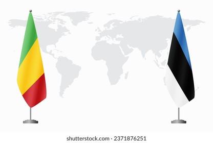 Mali and Estonia flags for official meeting against background of world map.