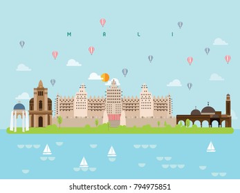 Mali Famous Landmarks Infographic Templates for Traveling Minimal Style and Icon, Symbol Set Vector Illustration Can be use for Poster Travel book, Postcard, Billboard.