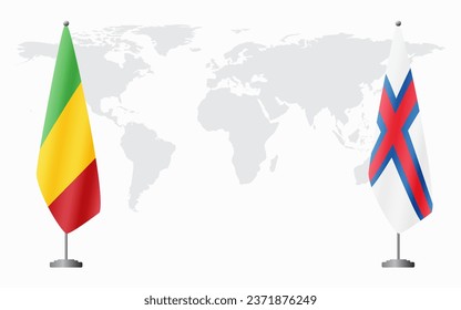 Mali and Faroe Islands flags for official meeting against background of world map.