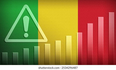 Mali flag with burlap texture, warning sign, and rising bar chart symbolizing increasing risk or growth challenges in the country. Ideal for data presentations.