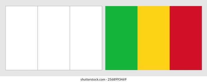 Mali flag - coloring page. Set of white wireframe thin black outline flag and original colored flag.