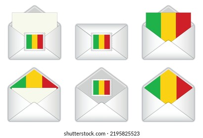 Mali-Flagge im Umschlag. Malische Stempelflagge. Geöffneter, geschlossener malischer Brief einzeln auf weißem Hintergrund.