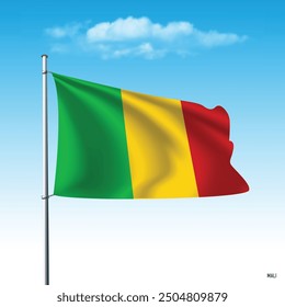 Bandera de Mali ondeando en el cielo azul, ilustración de Vector.