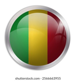 Mali flag - glossy circle button displays a colorful flag representing a country cultural identity and heritage. The essence of national pride and unity.