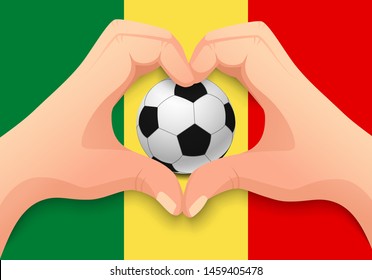 Mali flag and hand heart shape. National football background. Soccer ball with flag of Mali vector illustration