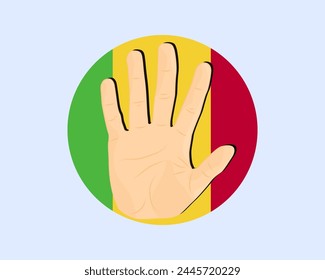 Mali-Fahne mit Handstopp-Schild, Protest- und Menschenrechtsidee, Vektorgrafik-Design, Protest in Mali, Einschränkung oder verbotenes Emblem, Verletzung der Meinungsfreiheit, Krieg beenden