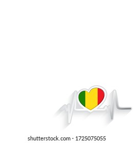 Mali flag heart shaped and heartbeat line isolated on white. Malawi Patriotic Background. Vector illustration.