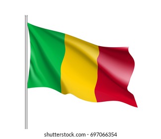 Mali flag. Illustration of African country waving flag on flagpole. Vector 3d icon isolated on white background. Realistic illustration