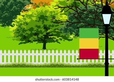 Mali Flag, Landscape of Park, Trees, Fence wooden and Street light Vector Illustration 