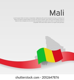 Mali flag, mosaic map on white background. Wavy ribbon with the mali flag. Vector banner design, national poster. Cover for business booklet. State patriotic flyer, brochure