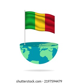 Mali flag pole on globe. Flag waving around the world. Easy editing and vector in groups. National flag vector illustration on white background.