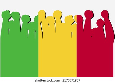 Bandera de Mali con las manos levantadas, vector de la protesta, logo de la bandera del país, Mali protestando por el concepto, diseño plano, contra la idea