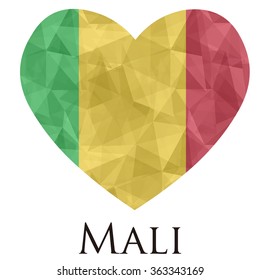 Mali flag shape heart in geometric rumpled triangular low poly origami style graphic illustration,mosaic polygonal style.Symbol of love to country.Retro or vintage style background.