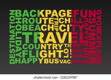 Mali flag shape of travel keywords, travel concept, abroad vacation idea, simple flat design, Mali flag mask on holiday words, tourism banner