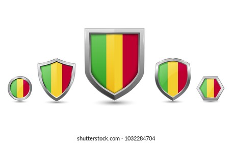 Mali flag - silver badges with different 3 shape shield, circle and hexagon - stock vector illustration