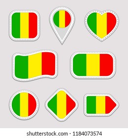 Mali flag vector set. Malian flags stickers collection. Isolated geometric icons. National symbols badges. Web, sport page, patriotic, travel, school design elements. Different shapes