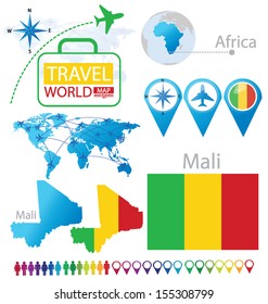 Mali. flag. World Map. Travel vector Illustration.