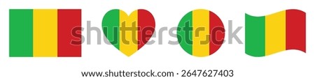 Mali flags set in square, heart, circle and waving formats designs element. Mali flags collection. Set of Mali flags icons isolated on white background. Vector illustration.