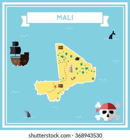 Mali flat treasure map. Colorful cartoon treasure map of Mali with flat icons of pirate ship, jolly roger, treasure chest and banner ribbon. Flat design vector illustration.
