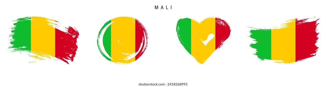 Mali hand drawn grunge style flag icon set. Malian banner in official colors. Free brush stroke shape, circle and heart-shaped. Flat vector illustration isolated on white.