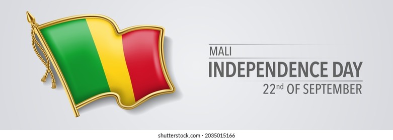 Mali happy independence day greeting card, banner with template text vector illustration. Memorial holiday 22nd of September design element with 3D flag with stripes
