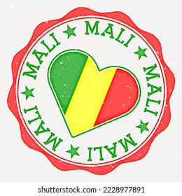 Mali heart flag logo. Country name text around Mali flag in a shape of heart. Trendy vector illustration.