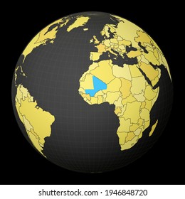 Mali highlighted on a dark globe with a yellow world map. Satellite world projection centered on Mali. Modern vector illustration.