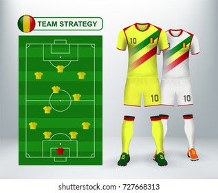 Mali home and away soccer jersey kit set with team statistics board on backdrop. Concept for African match tournament result background in vector illustrative