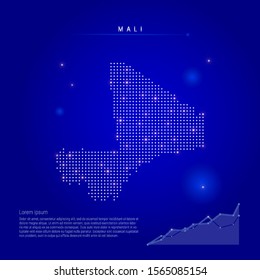 Mali illuminated map with glowing dots. Infographics elements. Dark blue space background. Vector illustration. Growing chart, lorem ipsum text.
