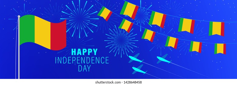 September 22 Mali Independence Day greeting card. Celebration background with fireworks, flags, flagpole and text.