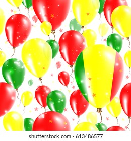 Mali Independence Day Seamless Pattern. Flying Rubber Balloons in Colors of the Malian Flag. Happy Mali Day Patriotic Card with Balloons, Stars and Sparkles.