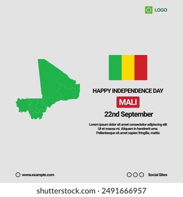 Mali Independence Day Social Media Banner, Editable Vector Design with Map and Flag