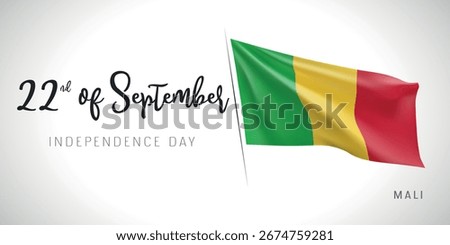 Mali independence day vector banner, greeting card. Mali wavy flag in 22nd of September patriotic holiday horizontal design with realistic flag
