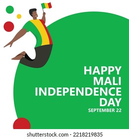 Mali independence day vector illustration with a man jumping and holding the national flag. African country public holiday celebrated annually on September 22.