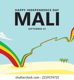 Mali independence day vector illustration with a long flag within sand desert scenery. African country public holiday celebrated annually on September 22.