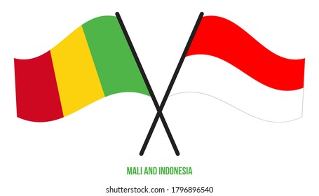 Mali and Indonesia Flags Crossed And Waving Flat Style. Official Proportion. Correct Colors.