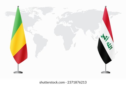 Mali and Iraq flags for official meeting against background of world map.