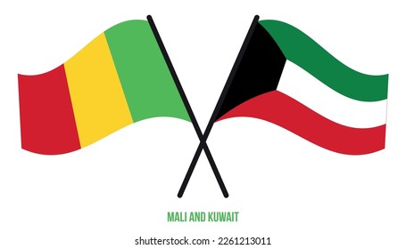 Mali and Kuwait Flags Crossed And Waving Flat Style. Official Proportion. Correct Colors.