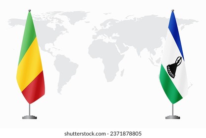 Mali and Lesotho flags for official meeting against background of world map.