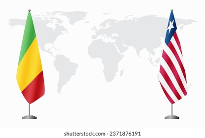 Mali and Liberia flags for official meeting against background of world map.