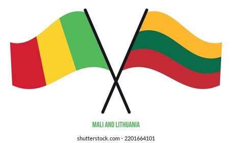 Banderas de Mali y Lituania cruzadas y ondeadas de estilo plano. Proporción oficial. Colores correctos.