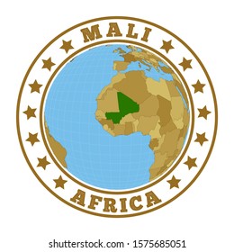 Mali logo. Round badge of country with map of Mali in world context. Country sticker stamp with globe map and round text. Vector illustration.