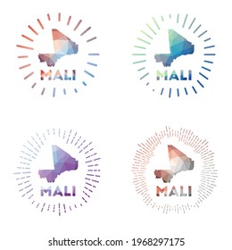 Mali low poly sunburst set. Logo of country in geometric polygonal style. Vector illustration.
