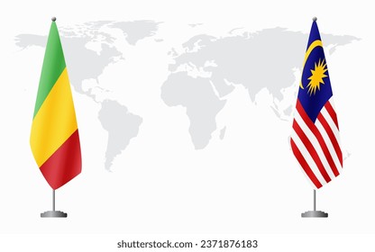 Mali and Malaysia flags for official meeting against background of world map.