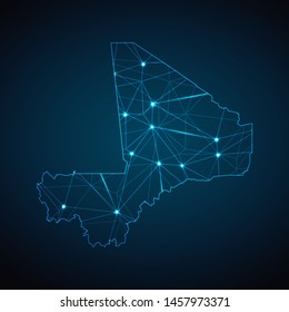 Mali Map - Abstract geometric mesh polygonal network line, structure and point scales on dark background with lights in the form of cities. Vector illustration eps 10.