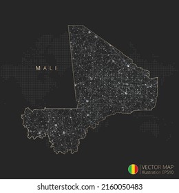 Mali mapea el concepto abstracto de malla geométrica de luz poligonal con líneas de contorno negro y blanco brillando países y puntos sobre fondo oscuro. Ilustración vectorial.